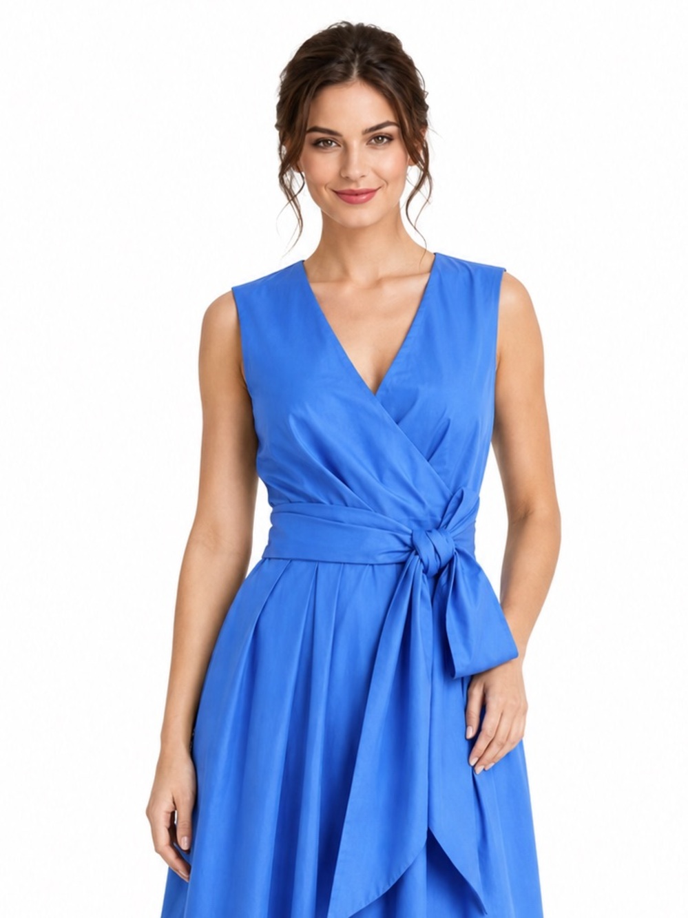 J.Crew V-Neck Faux Wrap Dress Blue 100% Cotton Poplin Sleeveless Size 0 Pockets